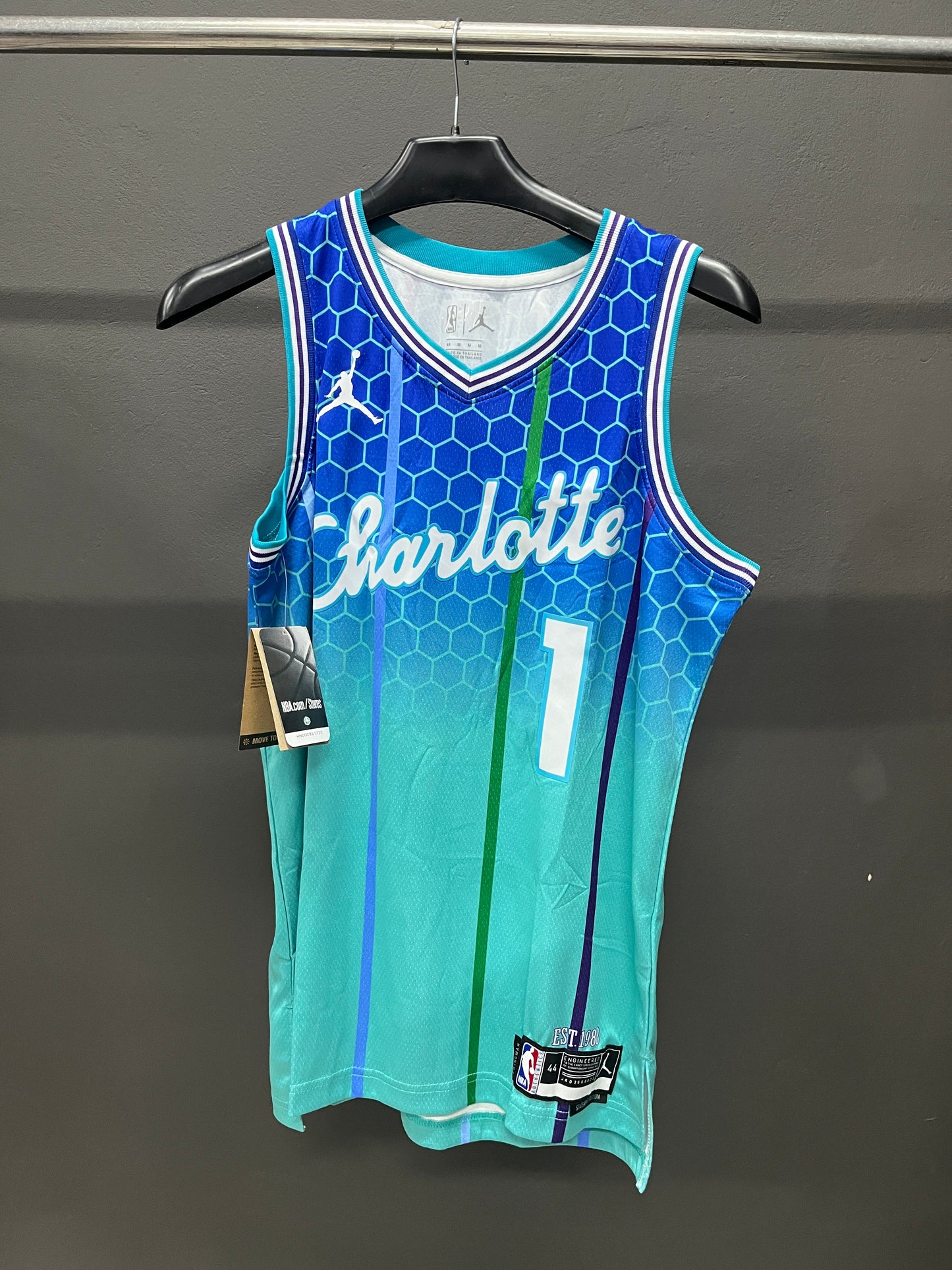 BALL 1 Blue Charlotte Hornets Heat Pressed Edition NBA Jersey