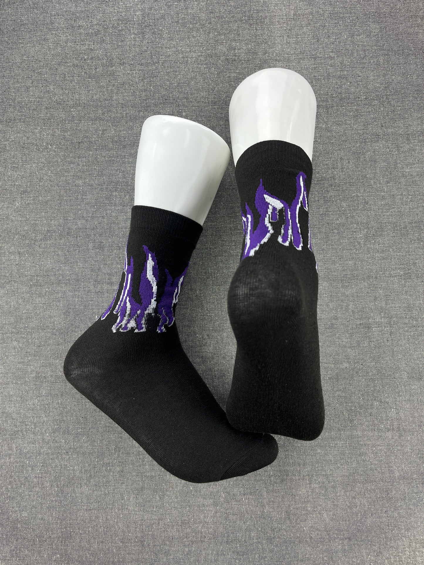 FIRE FLAMES Black Purple Crew Socks