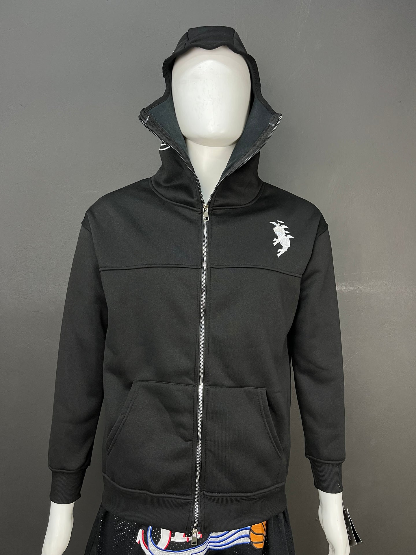 Black Full-Zip Streetwear Hoodie with Mask Hood