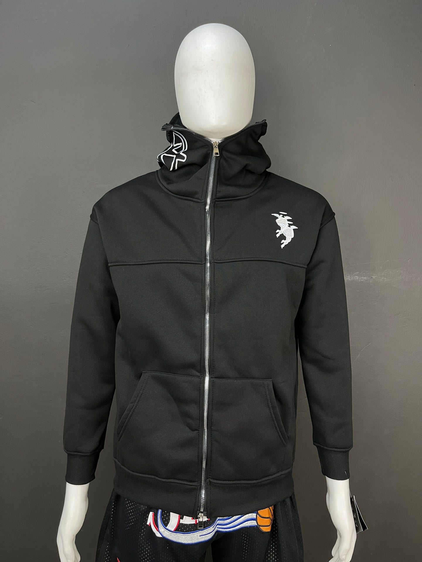 Black Full-Zip Streetwear Hoodie with Mask Hood
