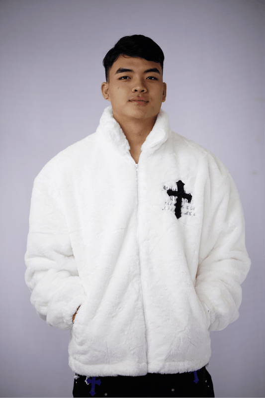 Cross Sign Fleece White Fur Jacket