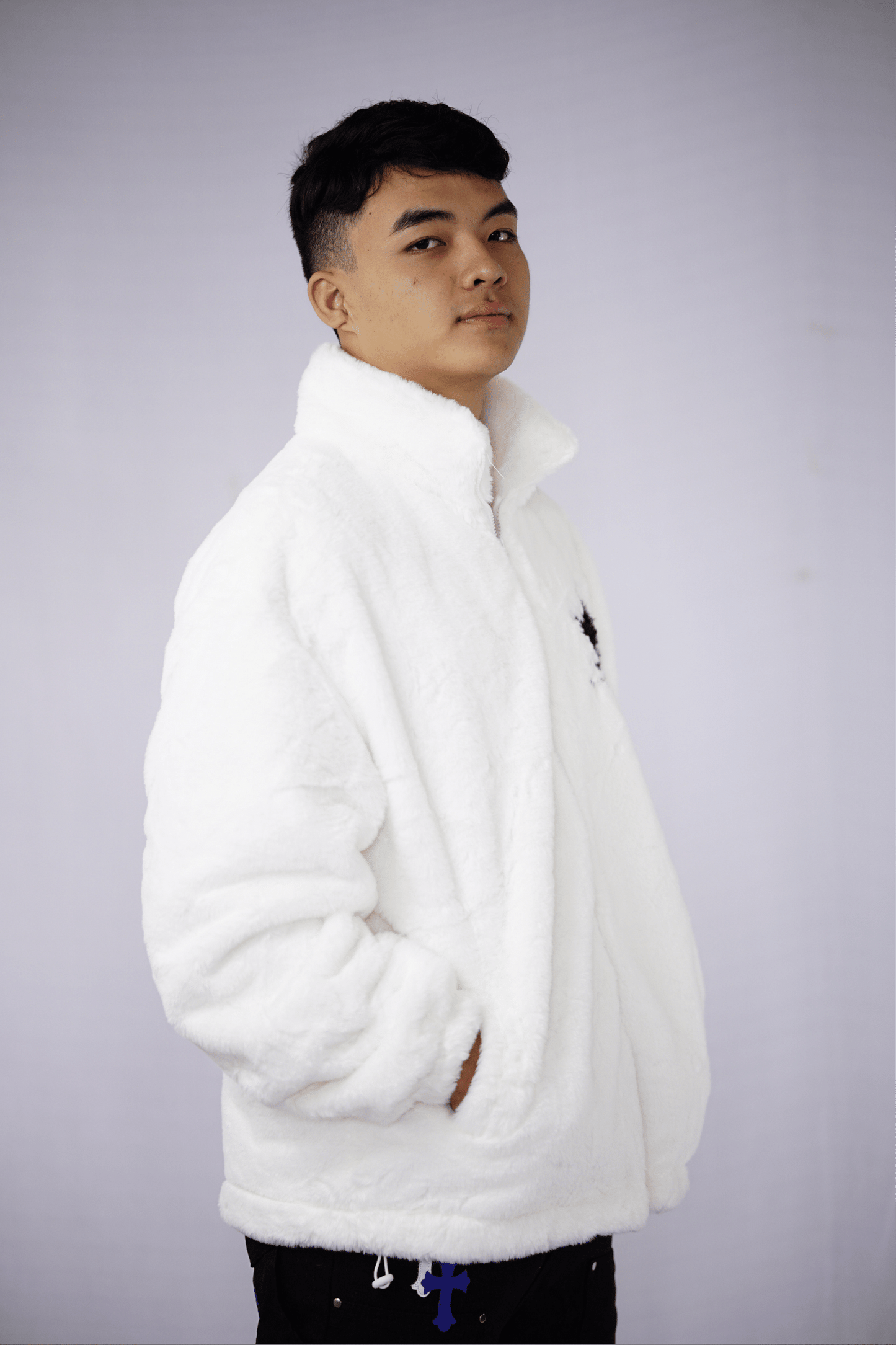 Cross Sign Fleece White Fur Jacket