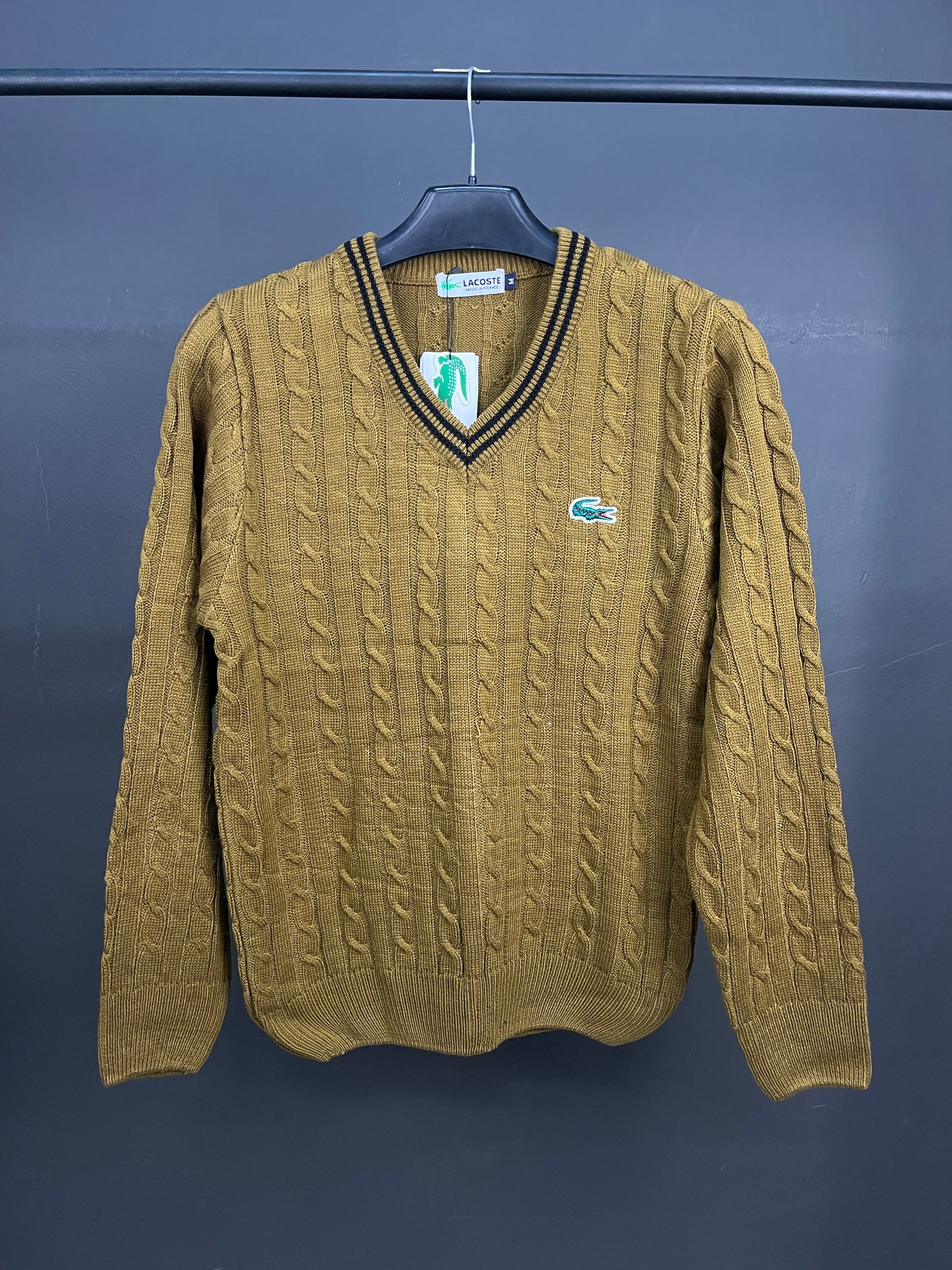 Lacoste V-Neck Patterned Tan Sweater