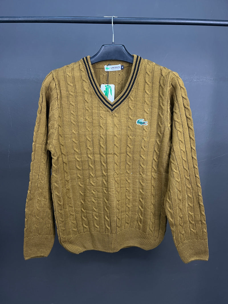 Lacoste V-Neck Patterned Tan Sweater