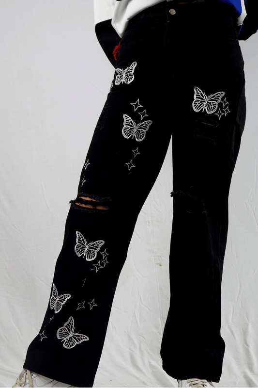 Butterfly Print Women's Torn Baggy Jeans