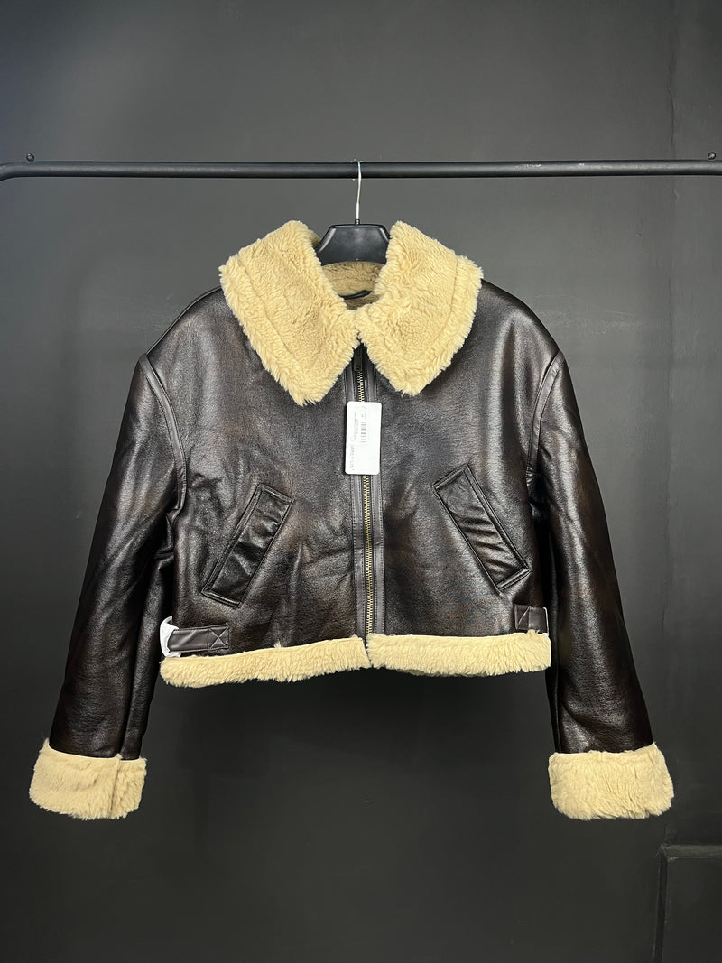 Leather/Fur Cropped Dark Brown Jacket