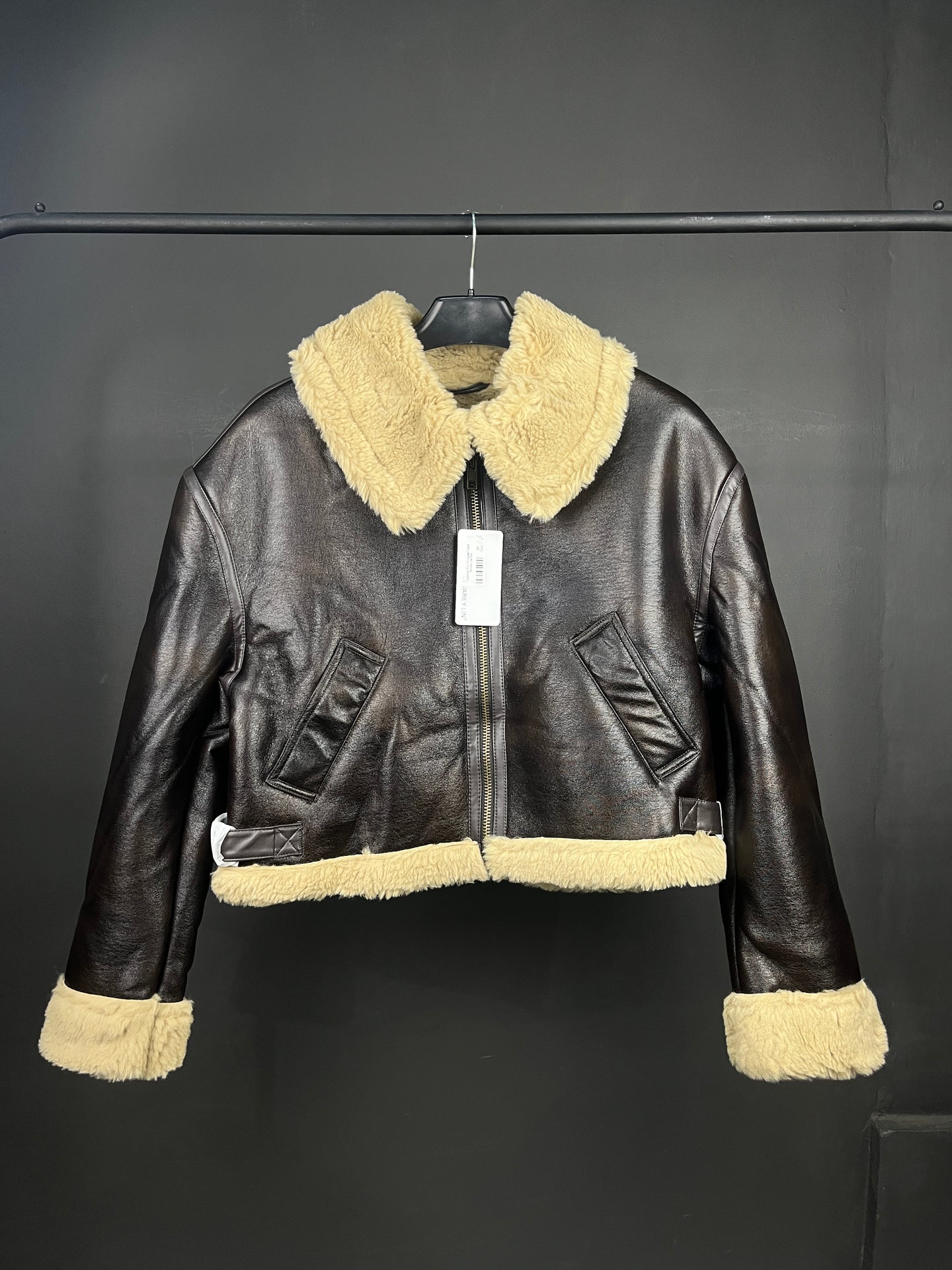 Leather/Fur Cropped Dark Brown Jacket