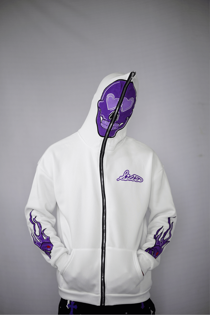 Halloween Flame & Skull Zip-Up Hoodie White