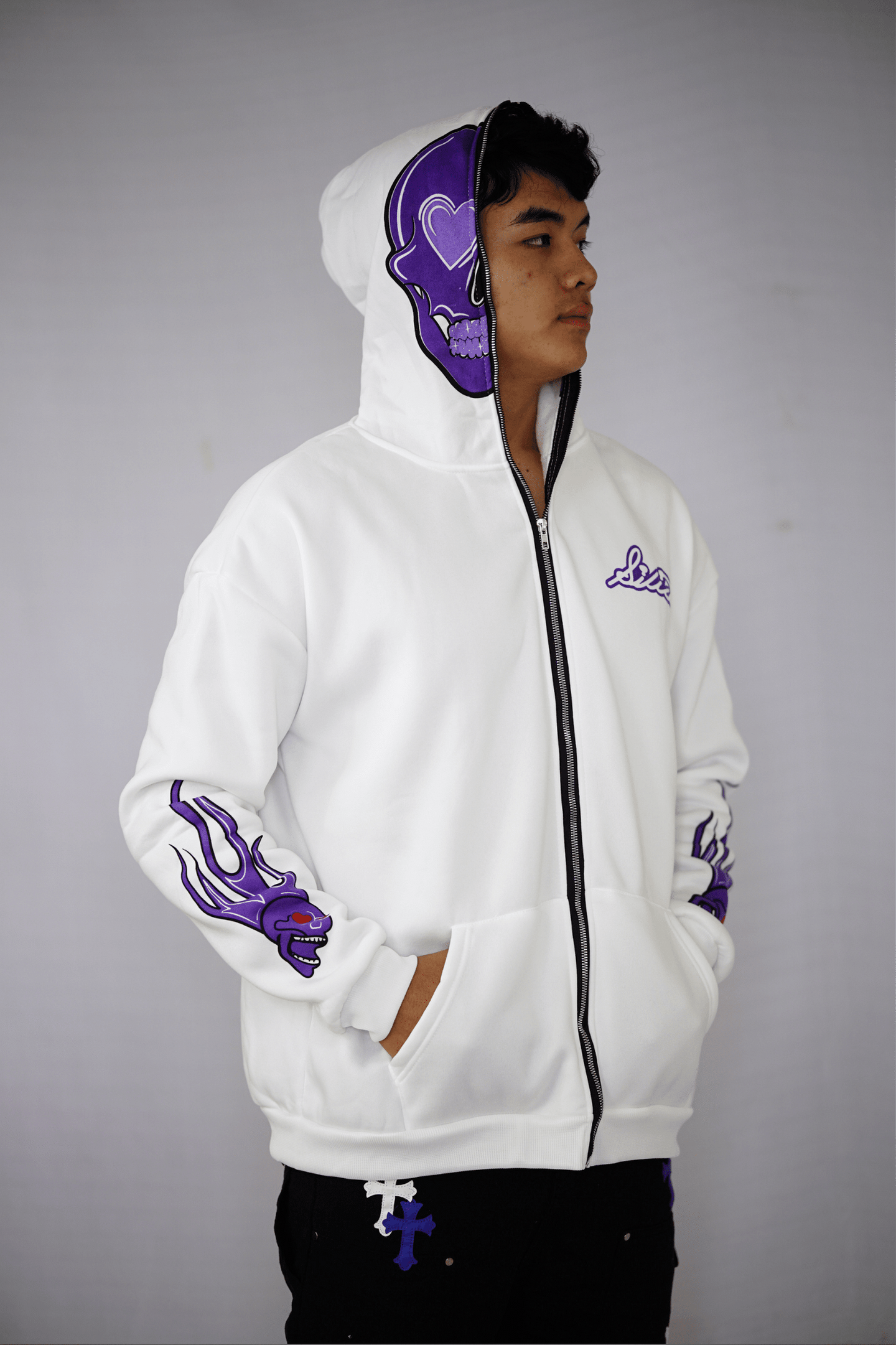 Halloween Flame & Skull Zip-Up Hoodie White