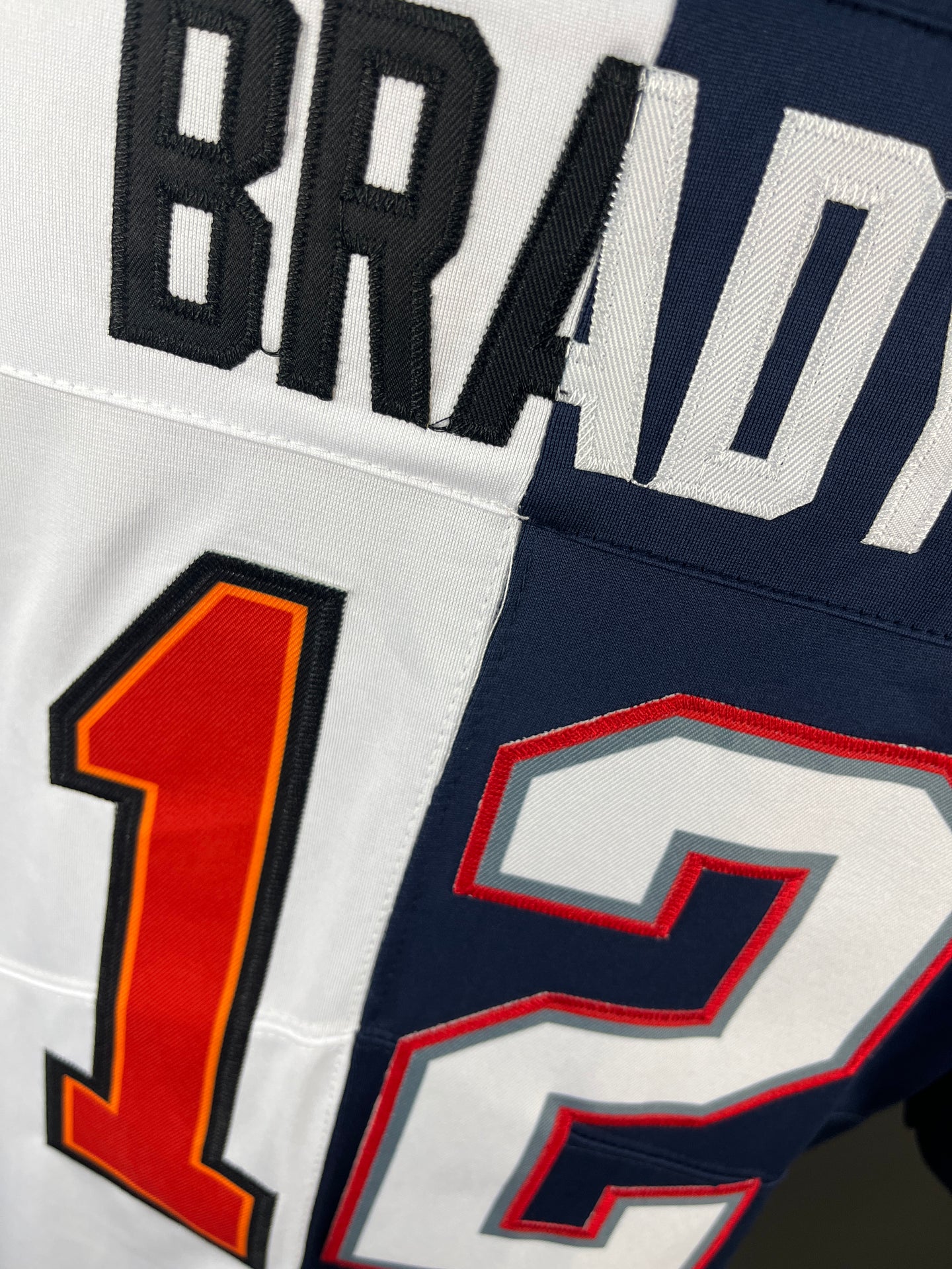 BRADY 12 White/Blue New England Patriots & Tampa Bay Buccaneers NFL Jersey (Split Edition)