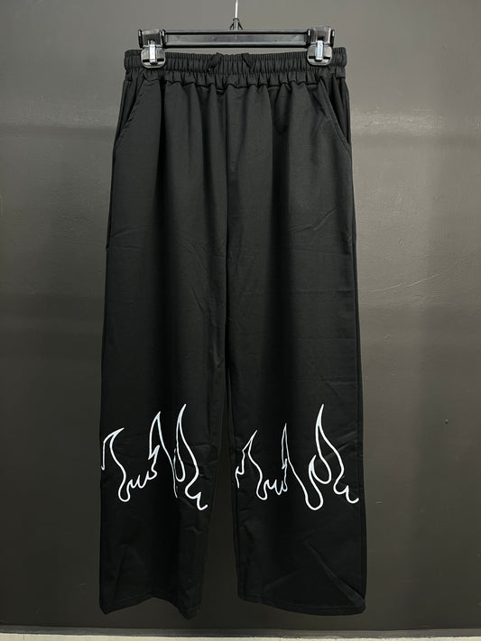 Flame Printed Black Straight Fit Cotton Baggy Pants
