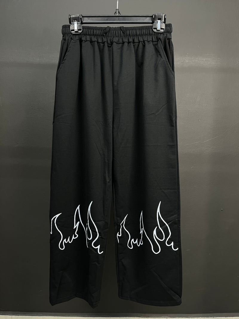 Flame Printed Black Straight Fit Cotton Baggy Pants