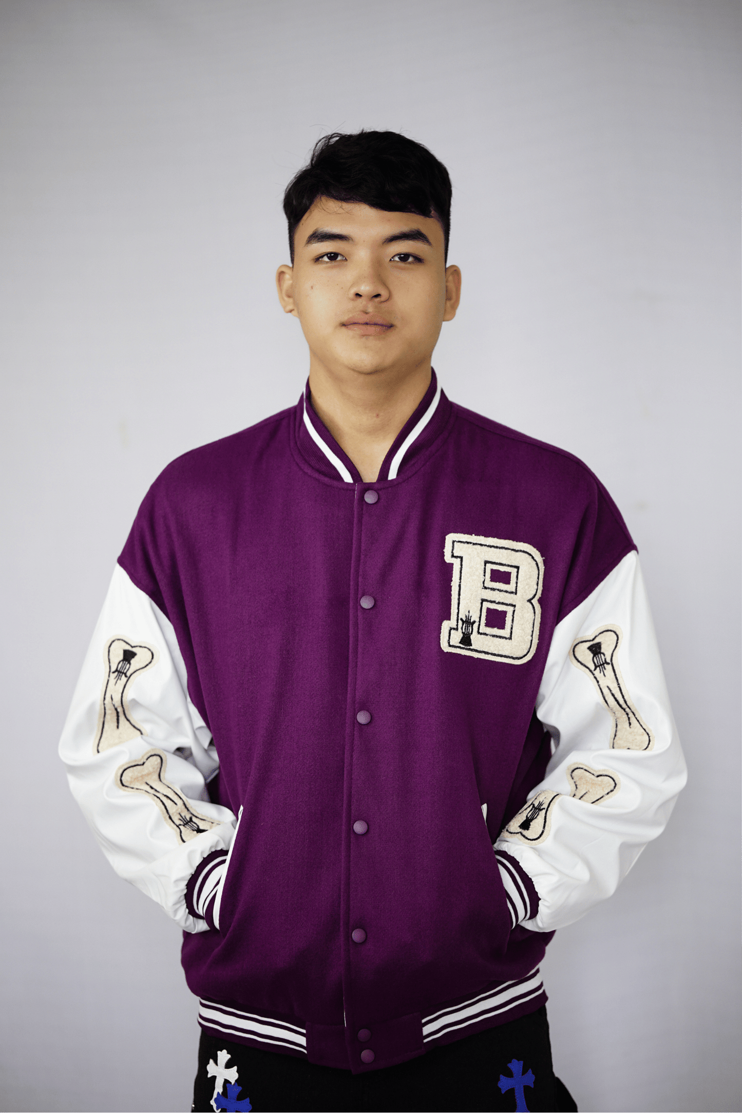 Bone Patch Purple Varsity Jacket
