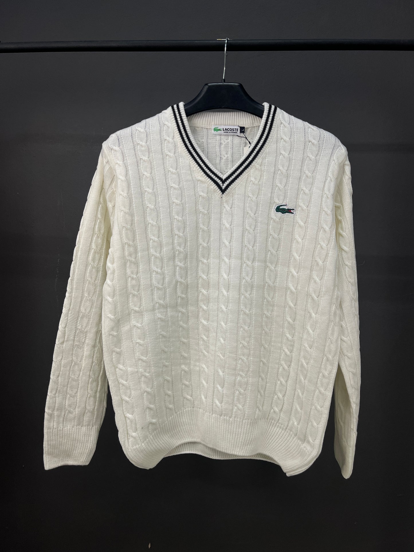 Lacoste V-Neck Patterned White Sweater