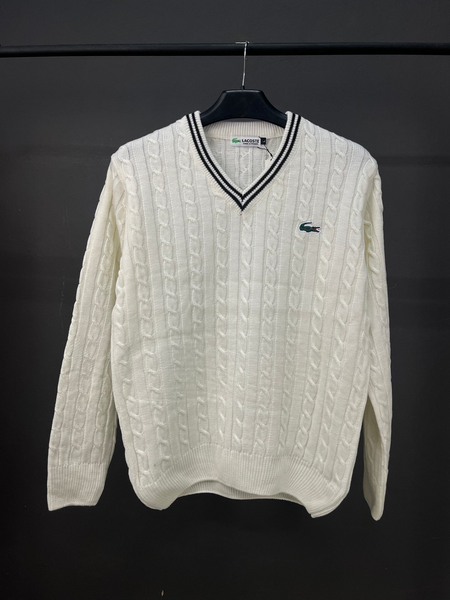 Lacoste V-Neck Patterned White Sweater