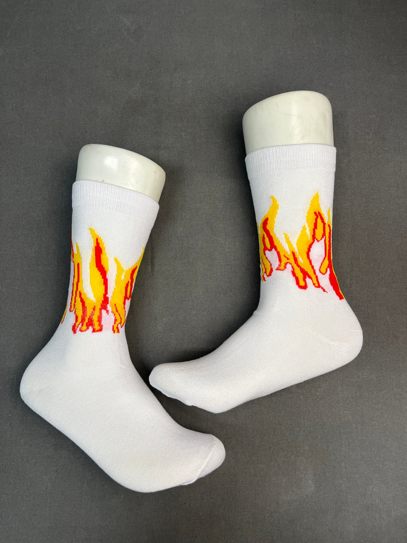 FLAME Print White Crew Socks