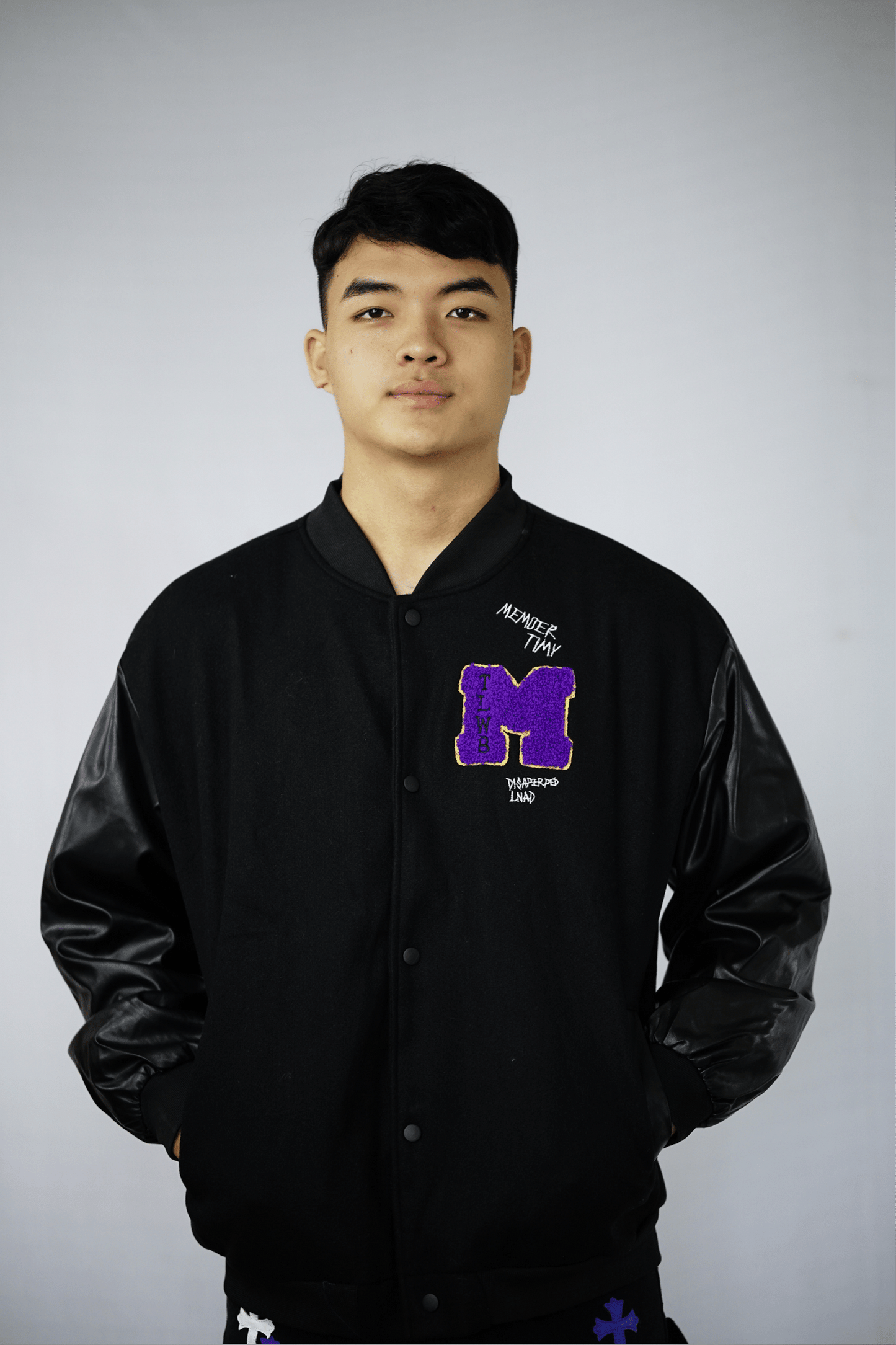 Letter Flocking Embroidered Black Varsity Jacket