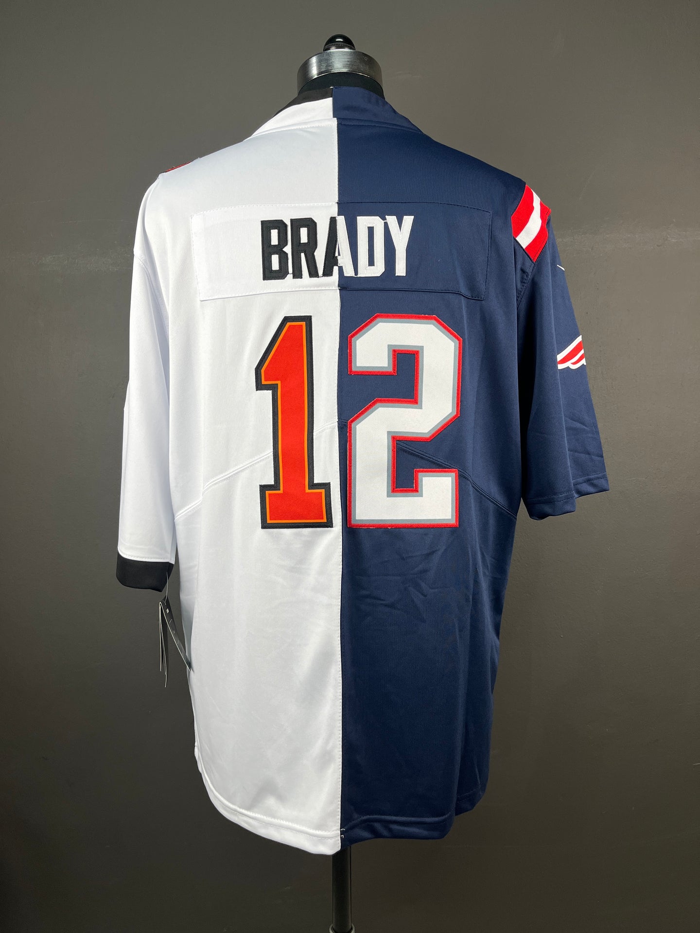 BRADY 12 White/Blue New England Patriots & Tampa Bay Buccaneers NFL Jersey (Split Edition)
