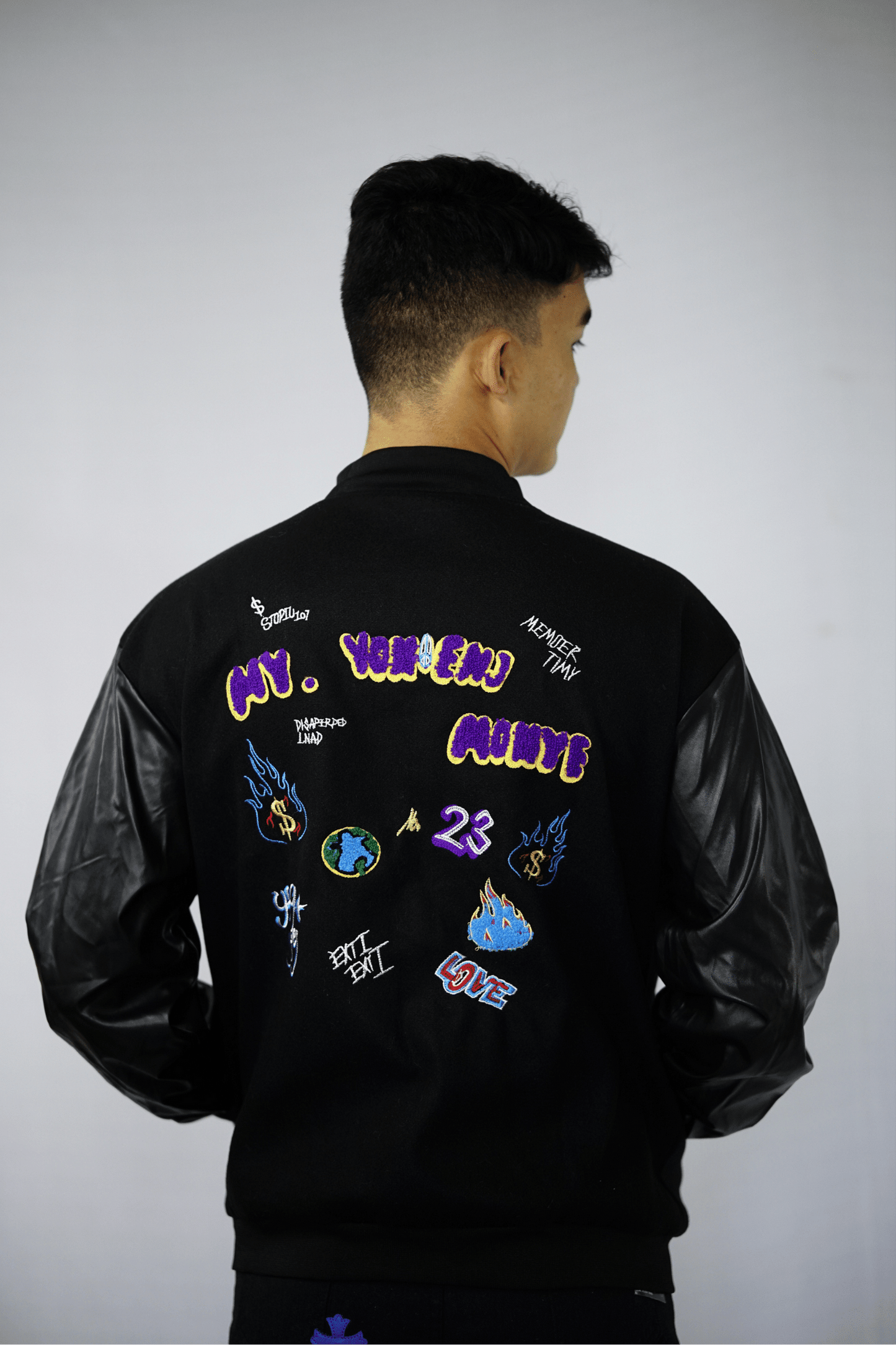 Letter Flocking Embroidered Black Varsity Jacket