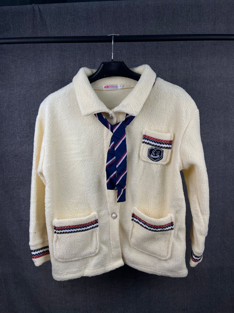 Cream Fleece School-Inspired Jacket with Tie