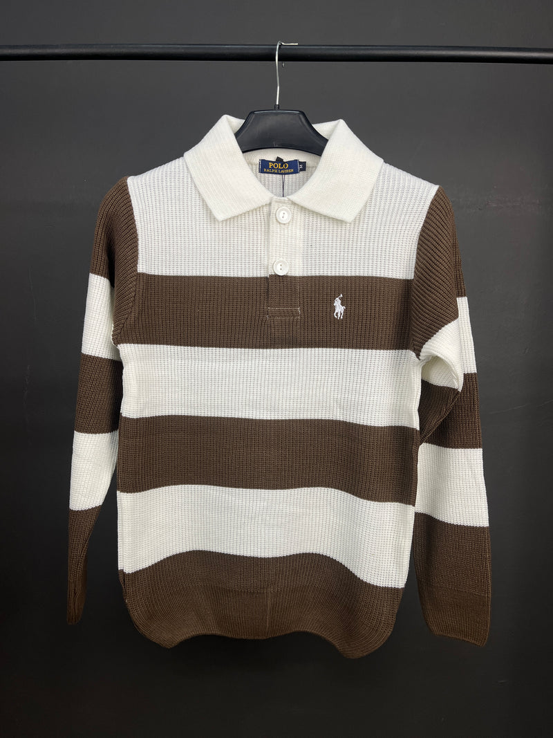 Ralph Lauren White & Brown Half Buttoned Sweater