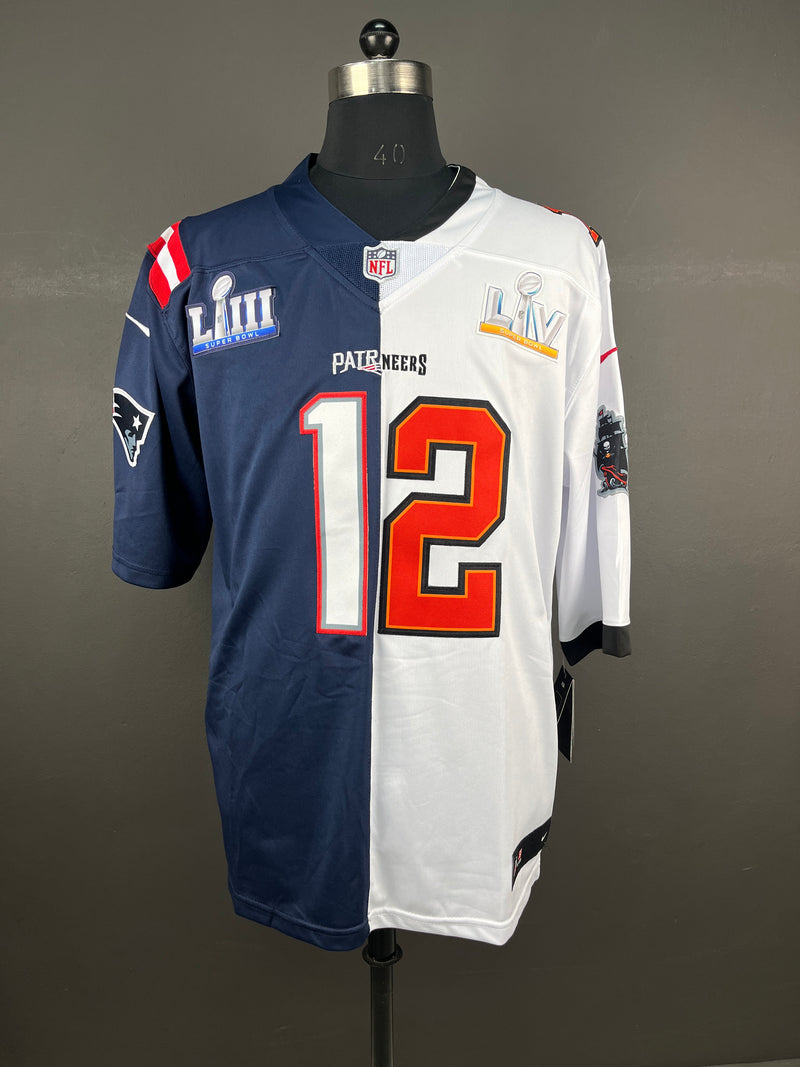 BRADY 12 White/Blue New England Patriots & Tampa Bay Buccaneers NFL Jersey (Split Edition)