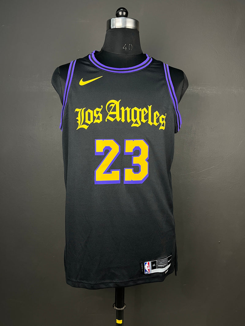 JAMES 23 Black Los Angeles Lakers Heat Pressed Edition NBA Jersey