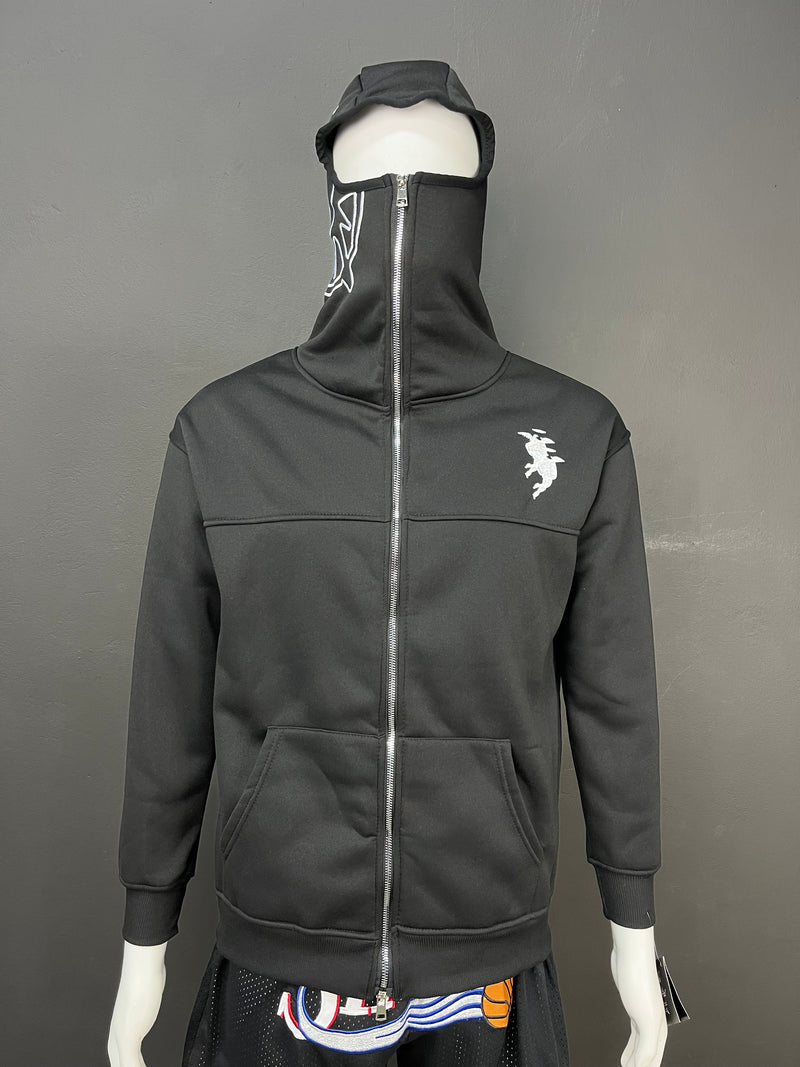Black Full-Zip Streetwear Hoodie with Mask Hood