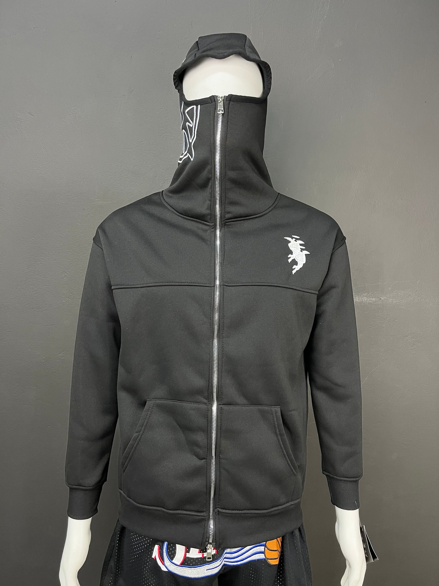 Black Full-Zip Streetwear Hoodie with Mask Hood