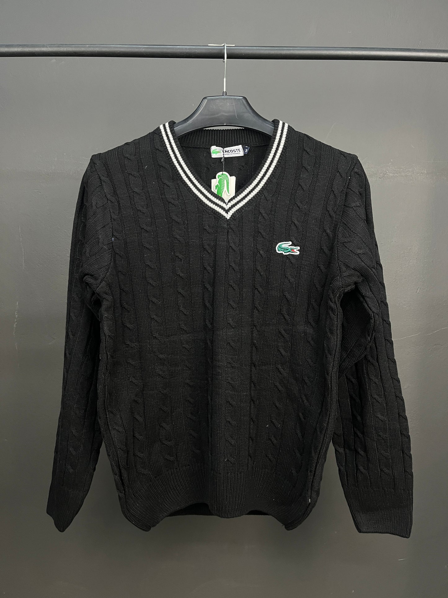 Lacoste V-Neck Patterned Black Sweater