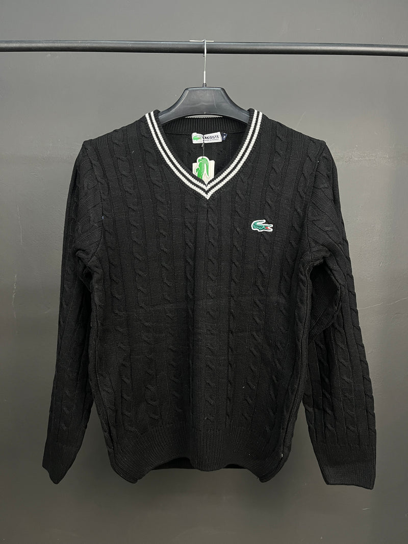 Lacoste V-Neck Patterned Black Sweater