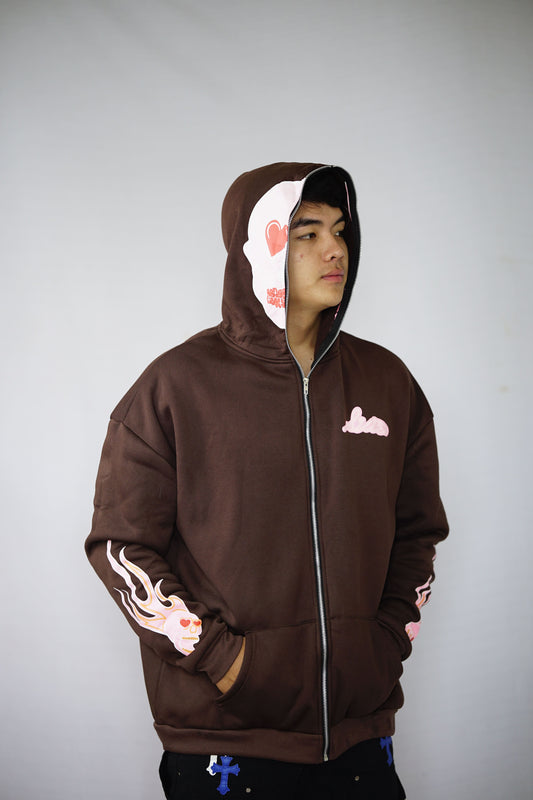 Halloween Flame & Skull Zip-Up Hoodie White Brown