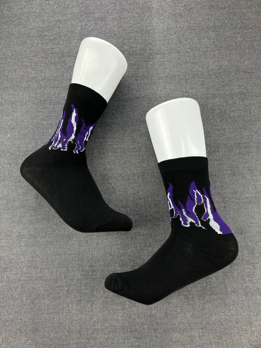 FIRE FLAMES Black Purple Crew Socks