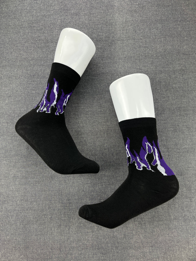 FIRE FLAMES Black Purple Crew Socks