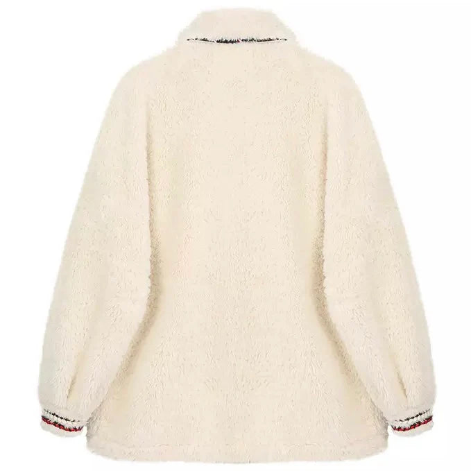 Cream Fleece School-Inspired Jacket with Tie