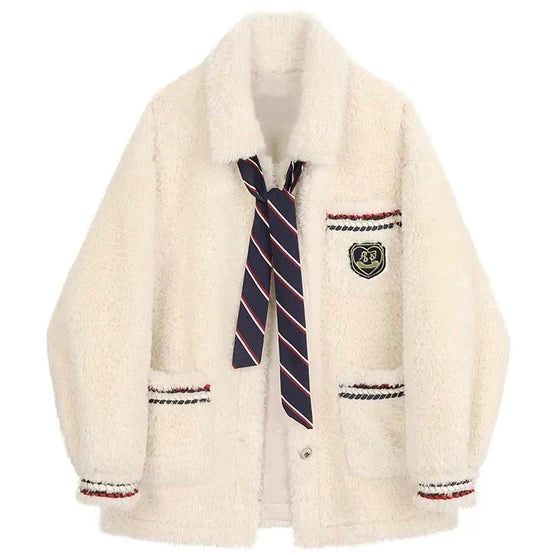 Cream Fleece School-Inspired Jacket with Tie